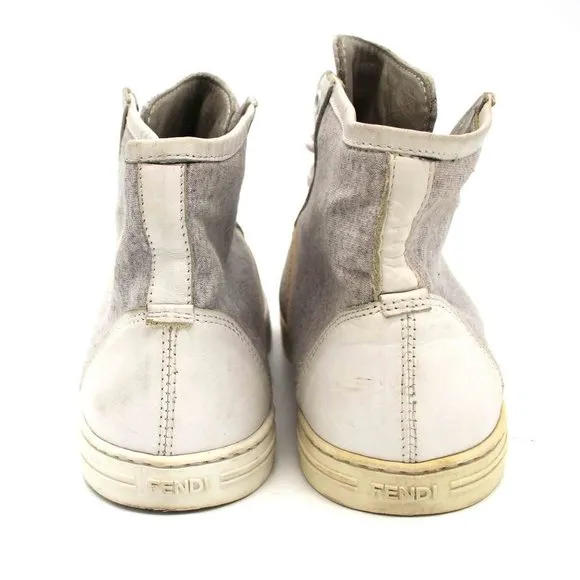 FENDI Jersey High Top Sneakers Grey Cloth White Leather Lace FF Logo Shoes 35