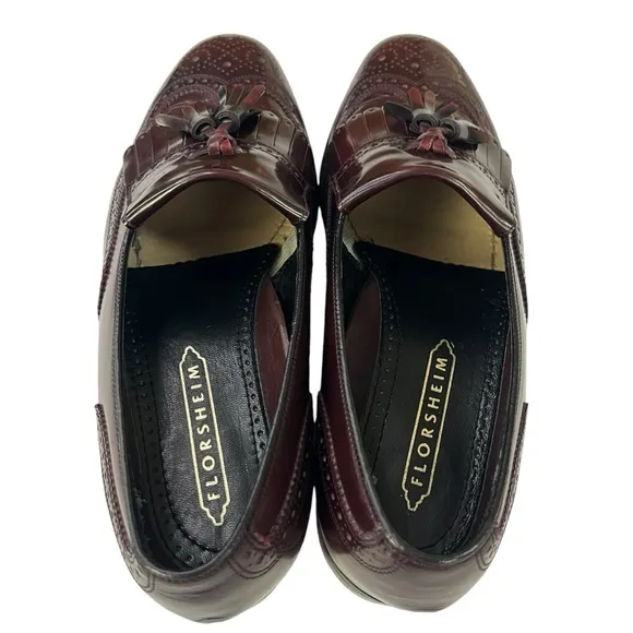 Florsheim Men 8.5 Lexington Leather Wingtip Kiltie Tassel Burgundy Loafers