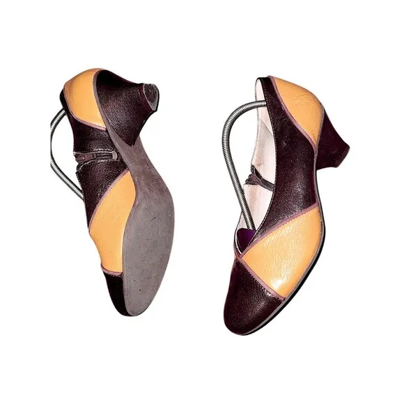 FLY London Colorblock RETRO Pinup Leather Wedge Heel Slip-On Pumps Womens Sz 38