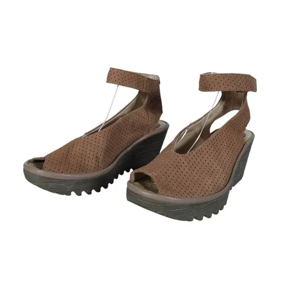 Fly London Womens Wedge Sandals 37 Brown Perforated Leather Peep Toe Ankle Strap