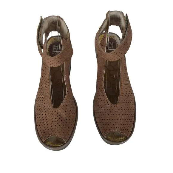 Fly London Womens Wedge Sandals 37 Brown Perforated Leather Peep Toe Ankle Strap
