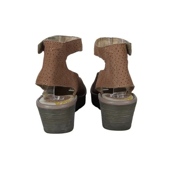 Fly London Womens Wedge Sandals 37 Brown Perforated Leather Peep Toe Ankle Strap