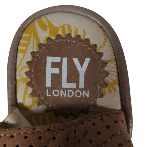 Fly London Womens Wedge Sandals 37 Brown Perforated Leather Peep Toe Ankle Strap