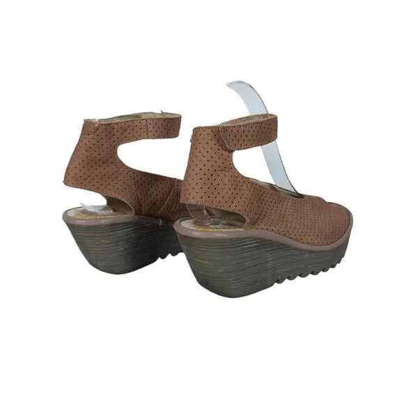 Fly London Womens Wedge Sandals 37 Brown Perforated Leather Peep Toe Ankle Strap