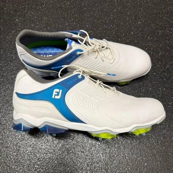 Footjoy Golf Shoes Men's 12 White Blue Spikes Launch Lace Up Comfort Logo