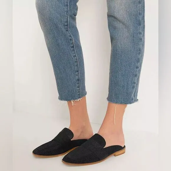 Free People At Ease Loafer Mule Reptile Embossed Suede Black Leather Shoes 7 NEW