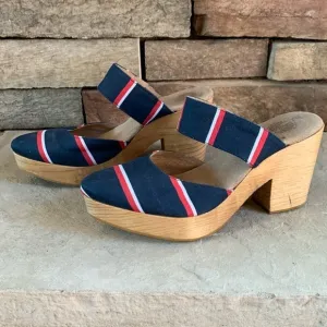 Free People sz 38 cloth red, white,&amp; blue cloth shoes with wooden platform heels