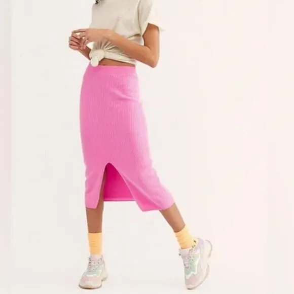 Free People x Revolve Pink Ribbed Front Slit Skyline Midi Skirt