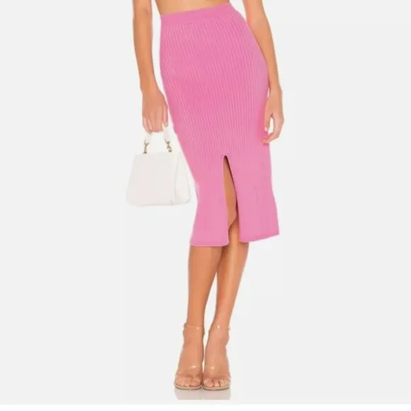 Free People x Revolve Pink Ribbed Front Slit Skyline Midi Skirt