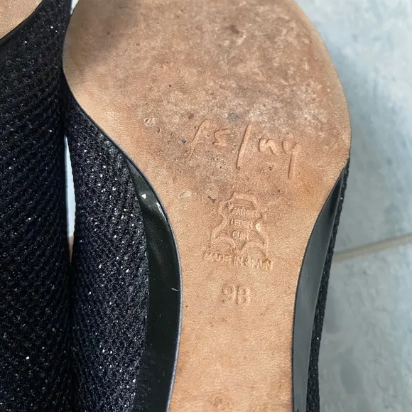 FS/NY French Sole New York Point Toe Wedge Pumps Heels Black Sparkle Size 9
