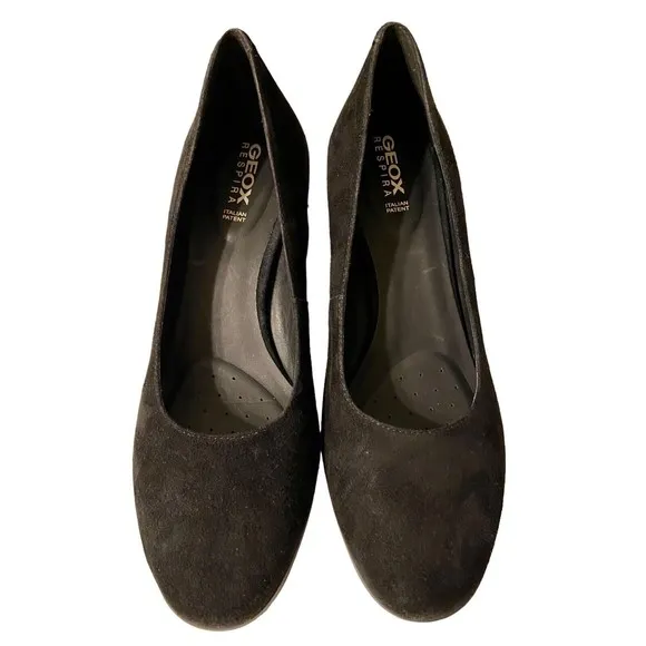 GEOX Respira Shoes Women Size 5.5 EUR 36 Black Suede Block Heels Italian  Patent