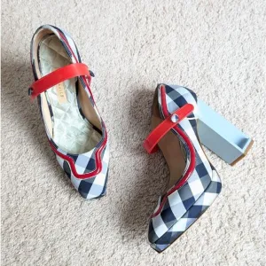 GIANNICO Blue/White Checked Cloth Heel Buckle Italy Shoes, size EU 39
