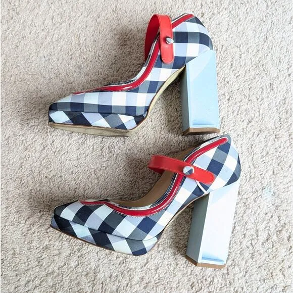 GIANNICO Blue/White Checked Cloth Heel Buckle Italy Shoes, size EU 39