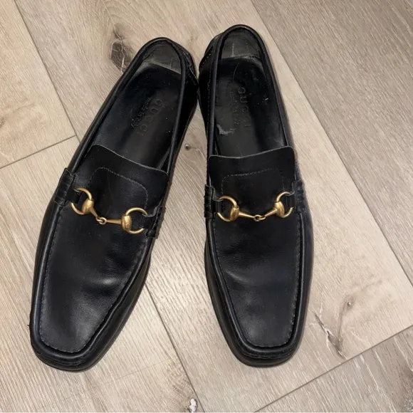 Gucci Choc Black Leather Gold Horsebit Driving Loafers US 9.5 D Men’s 117708