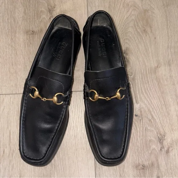 Gucci Choc Black Leather Gold Horsebit Driving Loafers US 9.5 D Men’s 117708