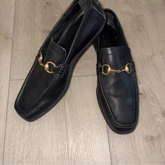 Gucci Choc Black Leather Gold Horsebit Driving Loafers US 9.5 D Men’s 117708