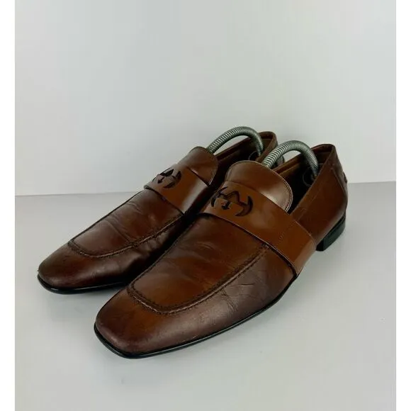 Gucci Men's Brown Leather Mila‎ Wimbledon Logo Loafers Size 6.5 Shoes