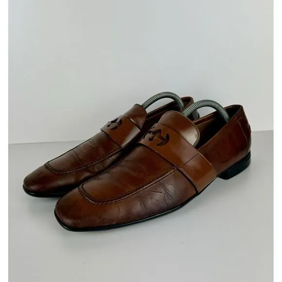 Gucci Men's Brown Leather Mila‎ Wimbledon Logo Loafers Size 6.5 Shoes
