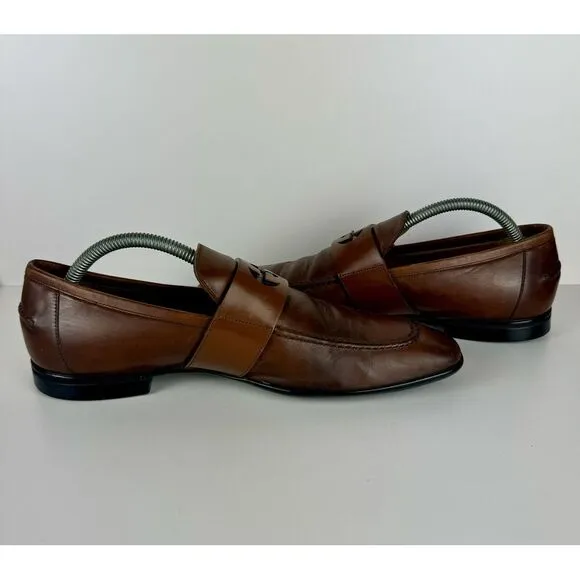 Gucci Men's Brown Leather Mila‎ Wimbledon Logo Loafers Size 6.5 Shoes