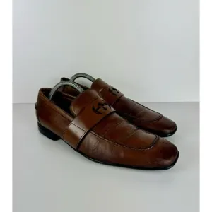 Gucci Men's Brown Leather Mila‎ Wimbledon Logo Loafers Size 6.5 Shoes