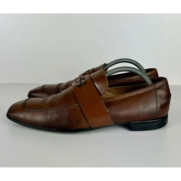Gucci Men's Brown Leather Mila‎ Wimbledon Logo Loafers Size 6.5 Shoes