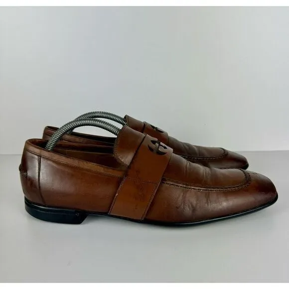Gucci Men's Brown Leather Mila‎ Wimbledon Logo Loafers Size 6.5 Shoes