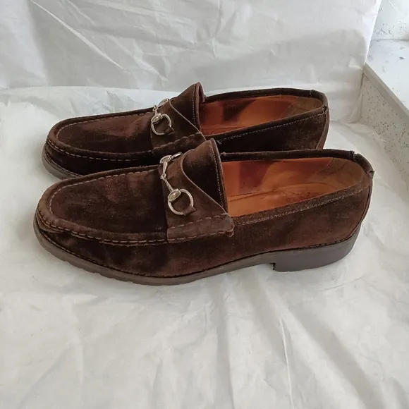 Gucci Mens Horsebit Loafers Shoes Brown Suede Lug Sole Size 12D