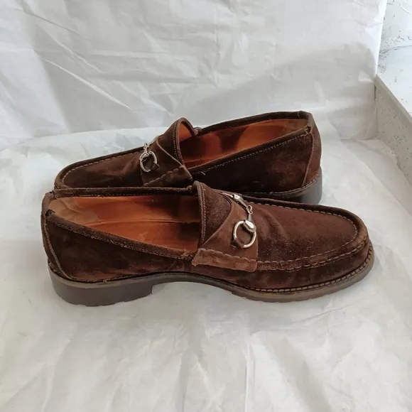 Gucci Mens Horsebit Loafers Shoes Brown Suede Lug Sole Size 12D