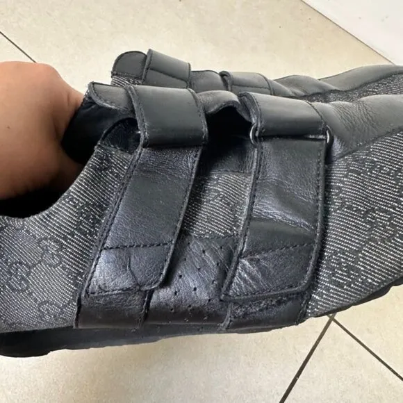 Gucci Pelle Gomma Trainers Sneakers Men Sz 46 Black Leather Monogram Low Top