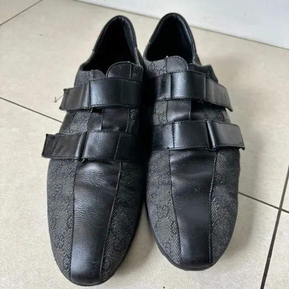 Gucci Pelle Gomma Trainers Sneakers Men Sz 46 Black Leather Monogram Low Top