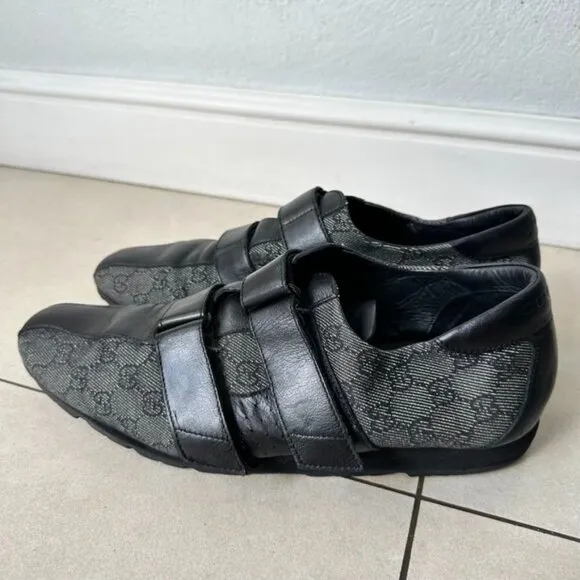 Gucci Pelle Gomma Trainers Sneakers Men Sz 46 Black Leather Monogram Low Top