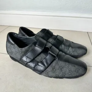 Gucci Pelle Gomma Trainers Sneakers Men Sz 46 Black Leather Monogram Low Top