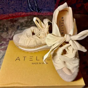Hand Made in Spain Cream Sneakers with Ribbon  Detailing