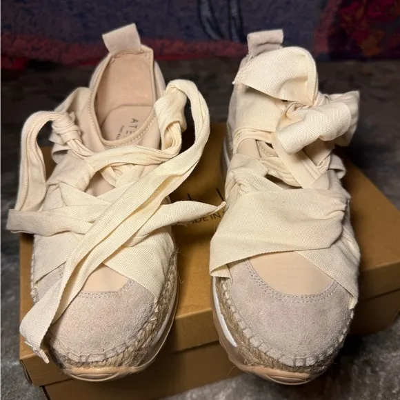 Hand Made in Spain Cream Sneakers with Ribbon  Detailing