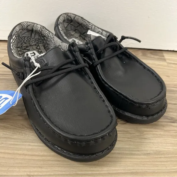 Hey Dude Wally Youth Mono Leather Black Slip On Comfort Shoes Kids Size YT2 NWT