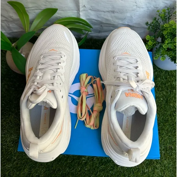 HOKA Bondi 8 sneakers women size 9.5 White/ Cantaloupe New Season New w/box