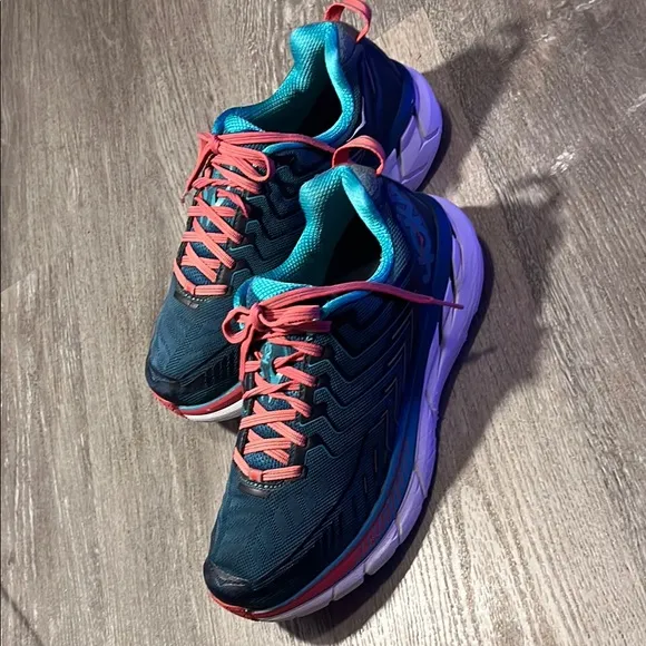 Hoka One One 4 Blue and Pink Athletic Shoes with Cushioned Sole