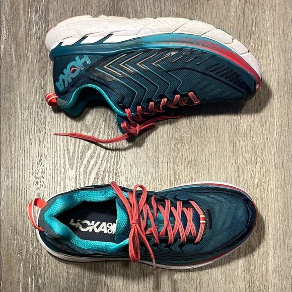 Hoka One One 4 Blue and Pink Athletic Shoes with Cushioned Sole