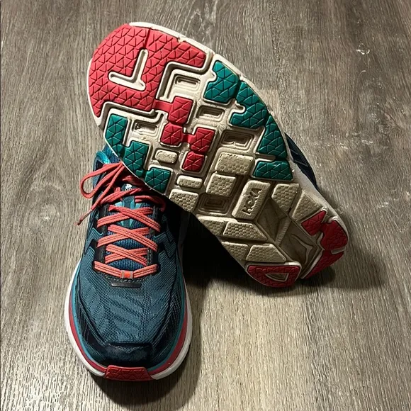 Hoka One One 4 Blue and Pink Athletic Shoes with Cushioned Sole