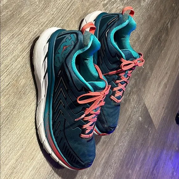 Hoka One One 4 Blue and Pink Athletic Shoes with Cushioned Sole
