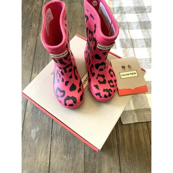 HUNTER NWT In Box Kids First Classic Rain Boot Pink Leopard HTF Rare Siz…