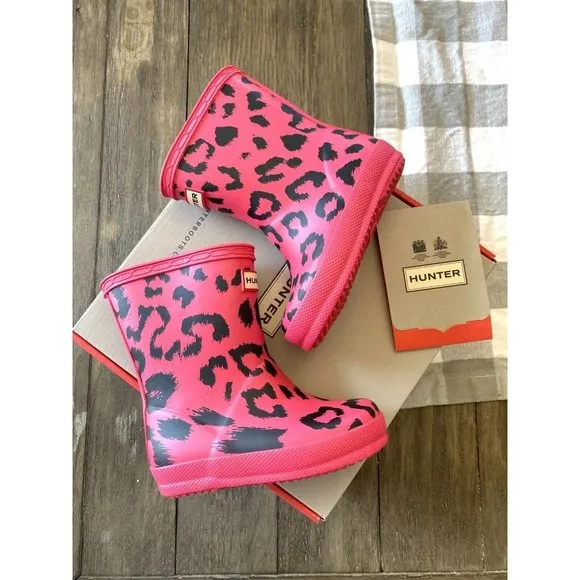 HUNTER NWT In Box Kids First Classic Rain Boot Pink Leopard HTF Rare Siz…