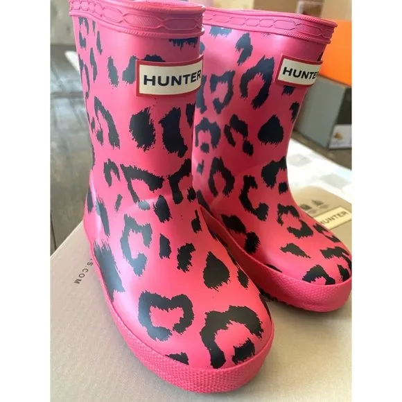 HUNTER NWT In Box Kids First Classic Rain Boot Pink Leopard HTF Rare Siz…