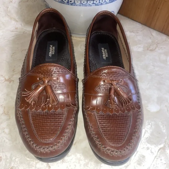 Hush Puppies Mens 10W San Remo Leather Loafers Shoes w/  Tassel Weave Brown