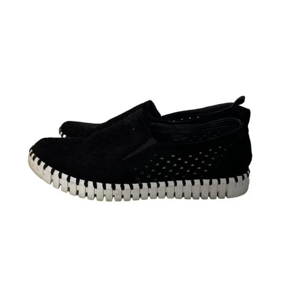 Ilse Jacobsen Womens Perforated Black Slip-On Shoes Size 38 Rubber Sole