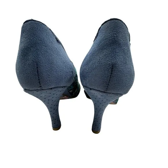 Irregular Choice Blue Suede Floral Pearl Detail Pinup Retro Pumps Women's 9