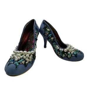 Irregular Choice Blue Suede Floral Pearl Detail Pinup Retro Pumps Women's 9