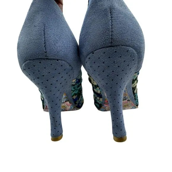 Irregular Choice Blue Suede Floral Pearl Detail Pinup Retro Pumps Women's 9