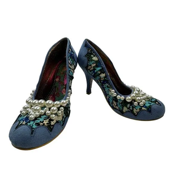 Irregular Choice Blue Suede Floral Pearl Detail Pinup Retro Pumps Women's 9