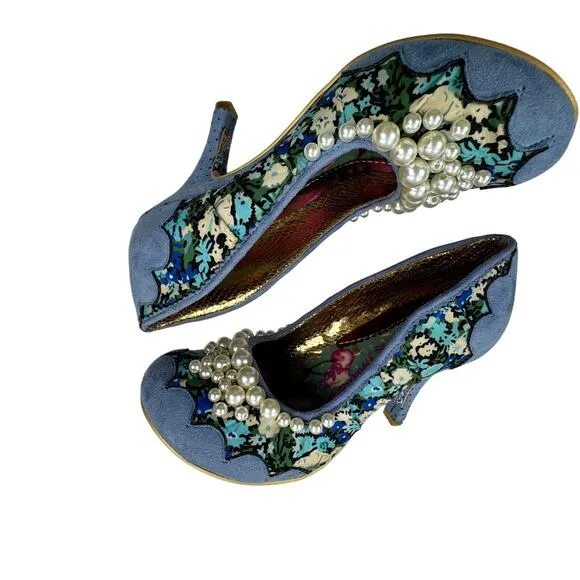 Irregular Choice Blue Suede Floral Pearl Detail Pinup Retro Pumps Women's 9